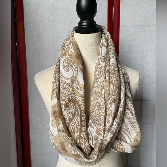 Infinity Scarf with Cream, Tan and White Paisley and Floral Designs (OS) - Picture 4 of 13